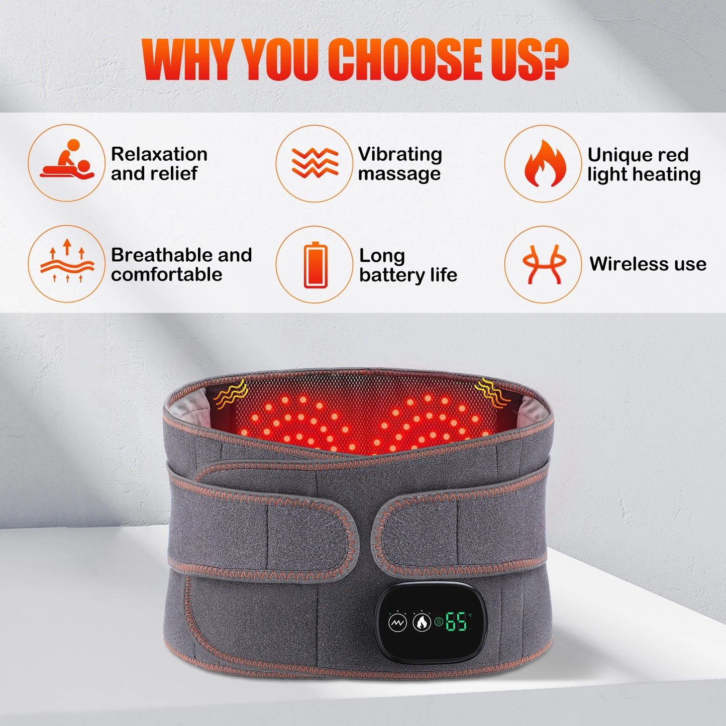 Infrared Heating Waist Massager Electric Belt Vibration USB Charge Red Light Hot Compress Lumbar Back Support Brace Pain Relief