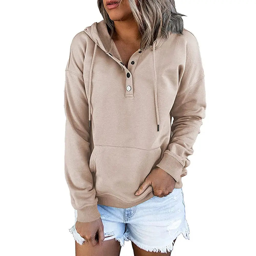 Long-sleeved Hooded Sweatshirt With Pockets Fashion Casual Button Drawstring Design Hoodie Top Spring And Autumn Sports Clothing For Women My Store
