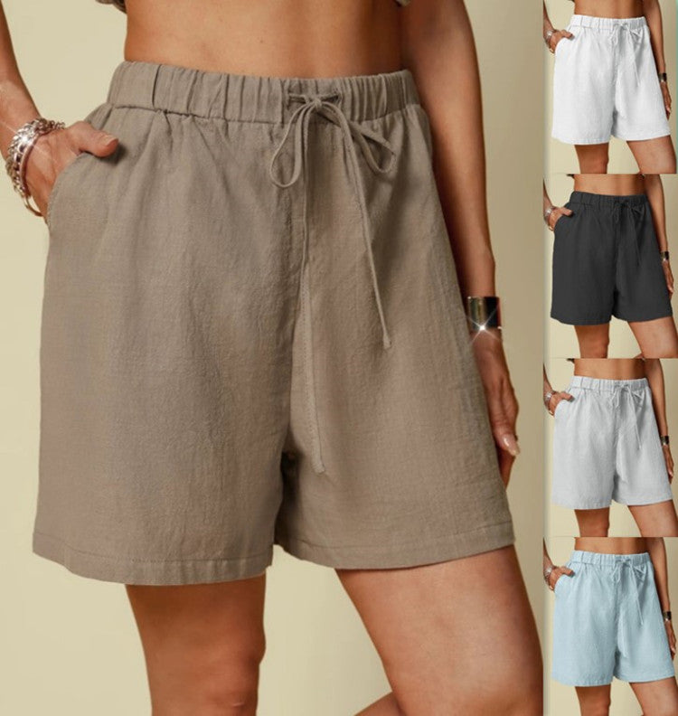Solid Color Loose Casual Elastic Waist Lace-up Shorts For Women
