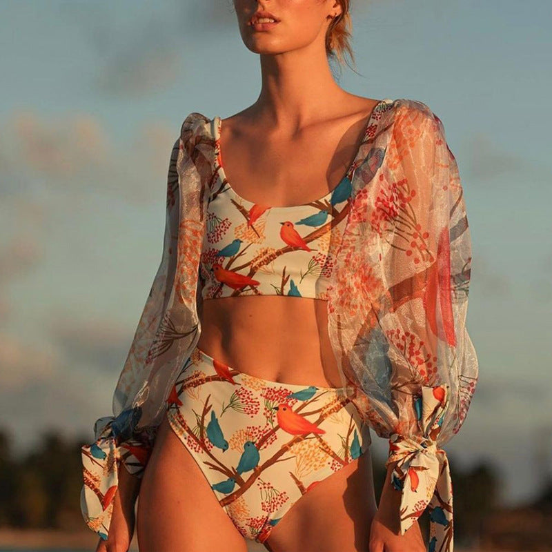 Long Sleeve Mesh Gauze High Waist Bikini Swimsuit