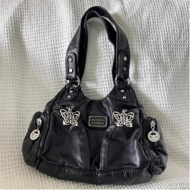 Xiuya Y2K Black Womens Shoulder Bag Gothic Original Advanced Fashion Tote Bag Large Capacity Leather Motorcycle Vintage Handbag