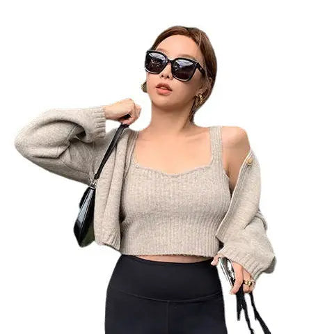 Autumn And Winter Korean Version Of V Neck Solid Color Sweater Knit Suit My Store