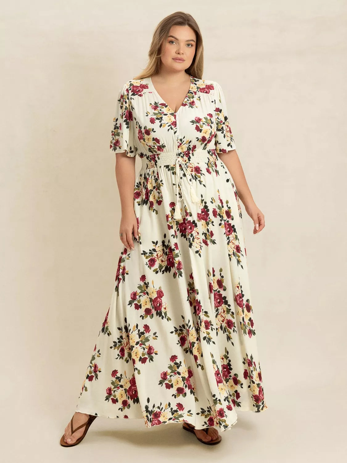 Plus Size Floral Flutter Sleeve Maxi Dress with Button Front