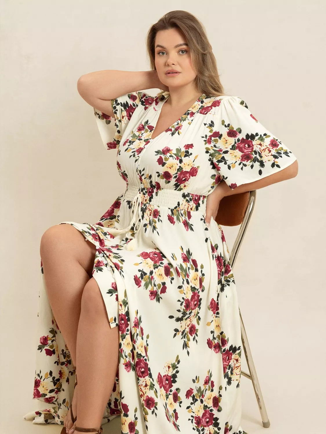 Plus Size Floral Flutter Sleeve Maxi Dress with Button Front