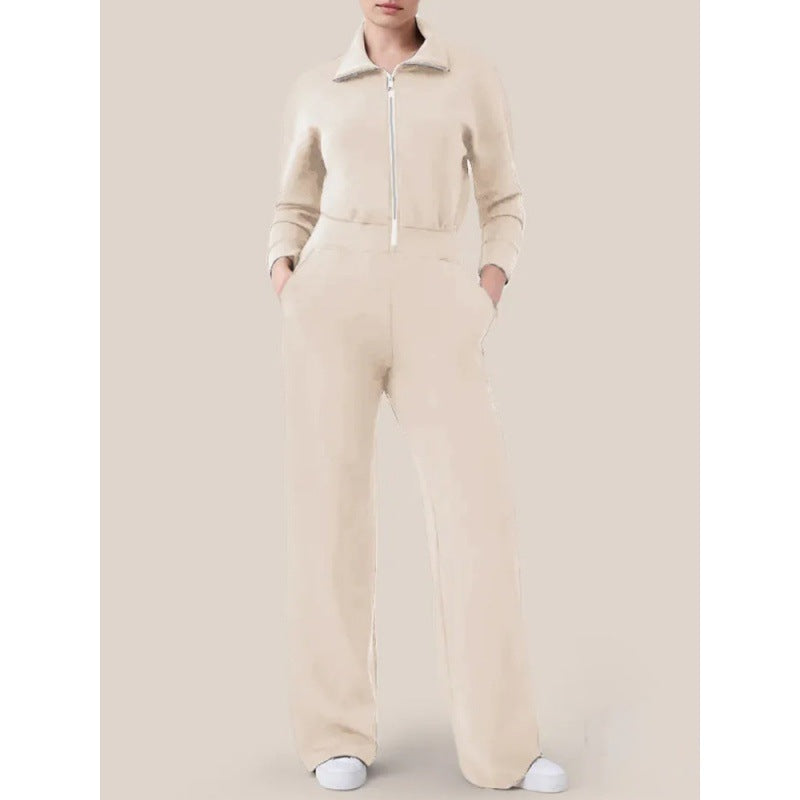 Zipper And Lapel Sweater Suit For Women