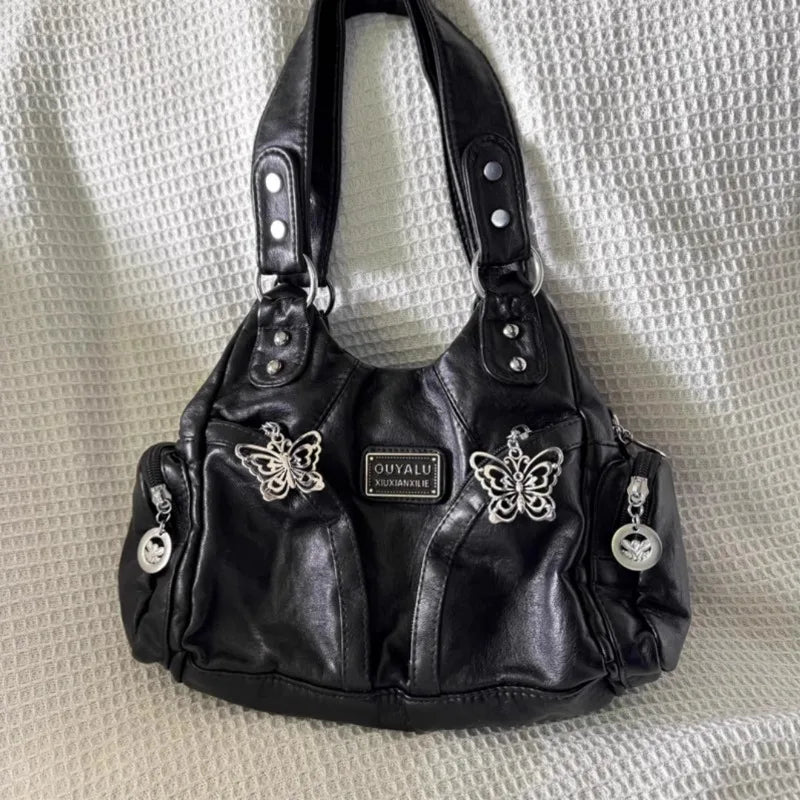 Xiuya Y2K Black Womens Shoulder Bag Gothic Original Advanced Fashion Tote Bag Large Capacity Leather Motorcycle Vintage Handbag