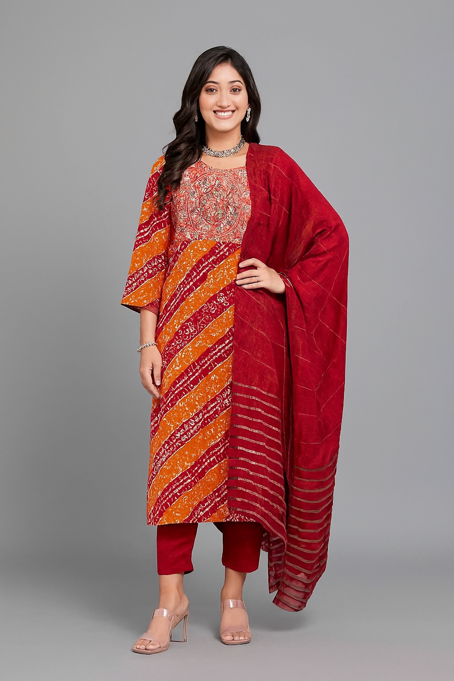 Women Kurta Set-Orange & Red (Size-XS) | D71