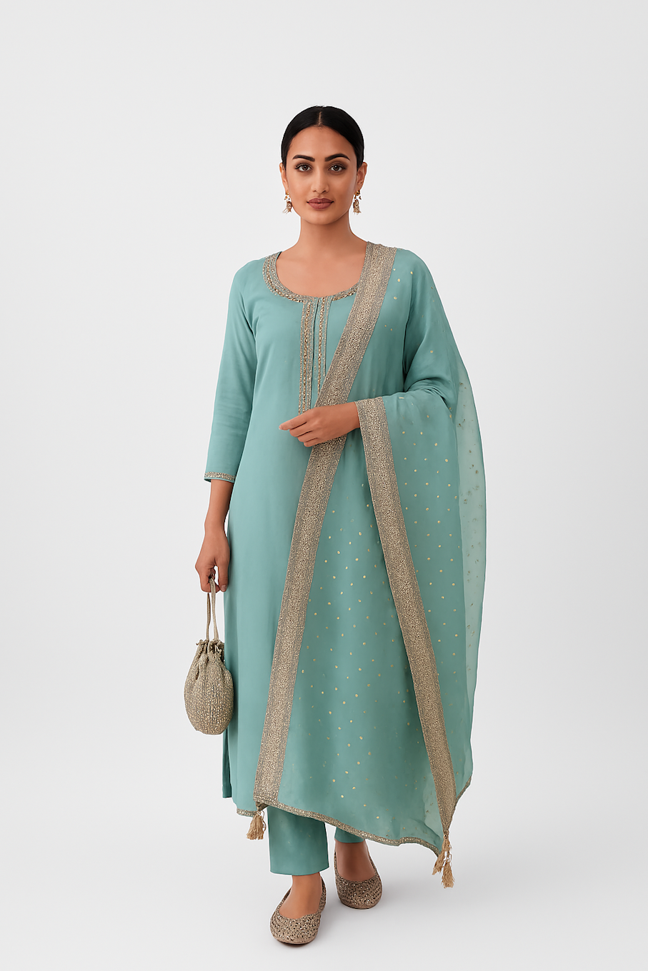 Blue Embroidered Kurta Set with Dupatta & Potli (Size-XL)