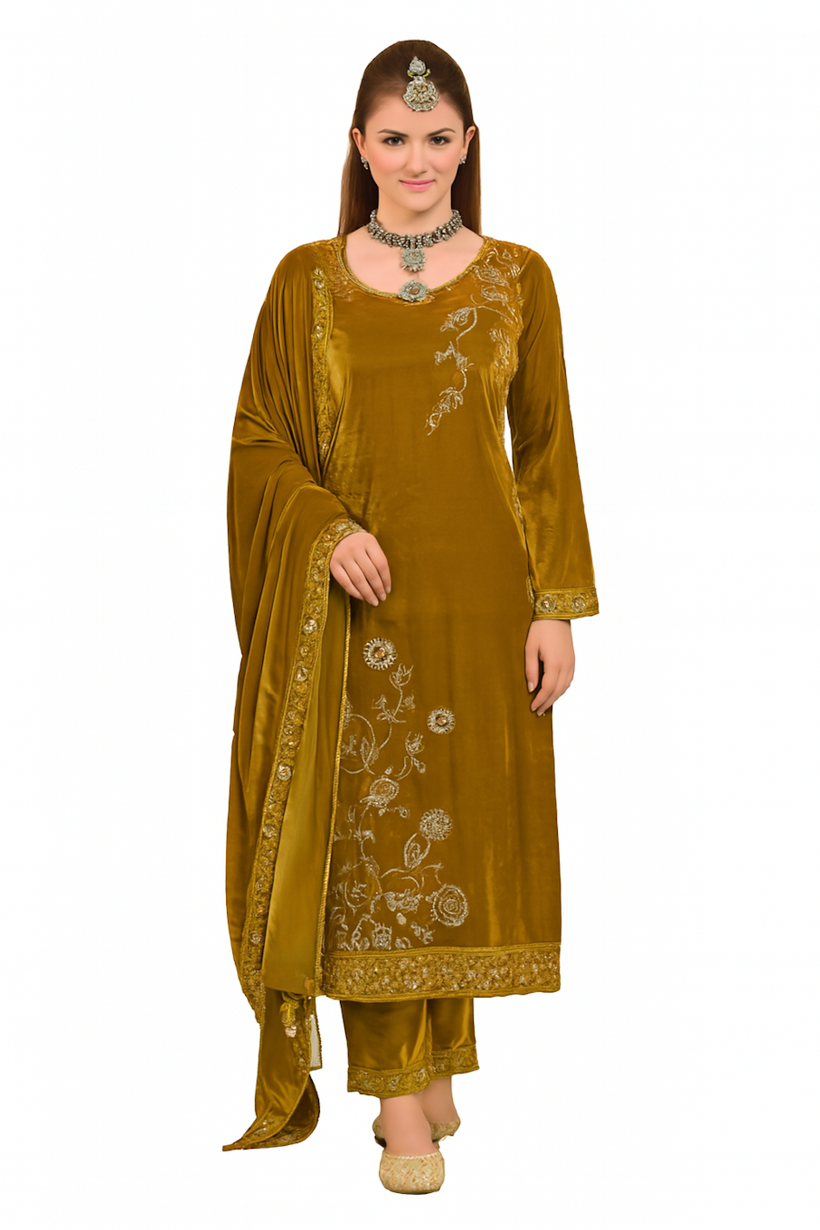 Women Embroidery Kurta Set-Mustard (Size-XS) | D145