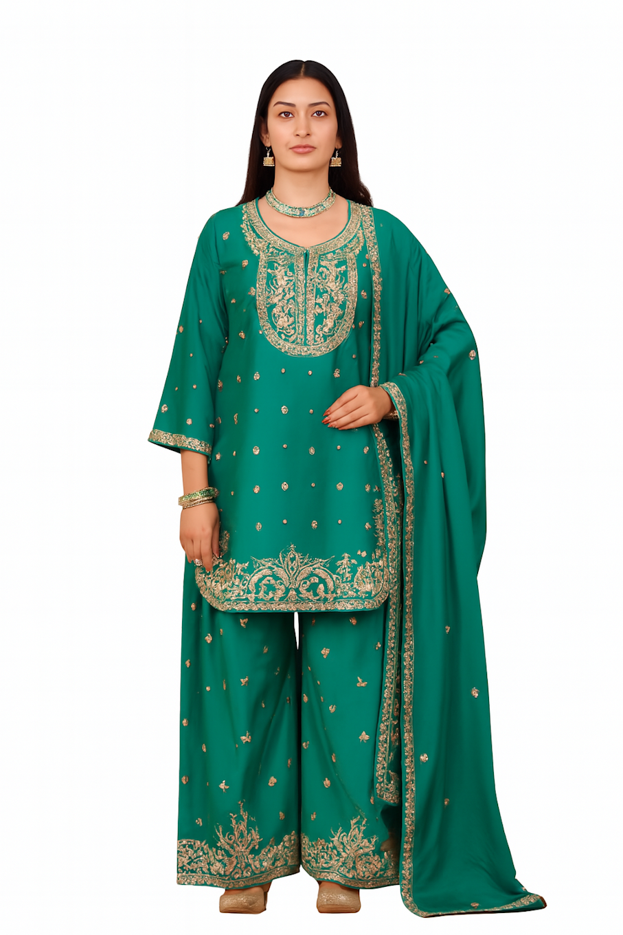 Women Embroidery Kurta Set-Teal (Size-M) | D84