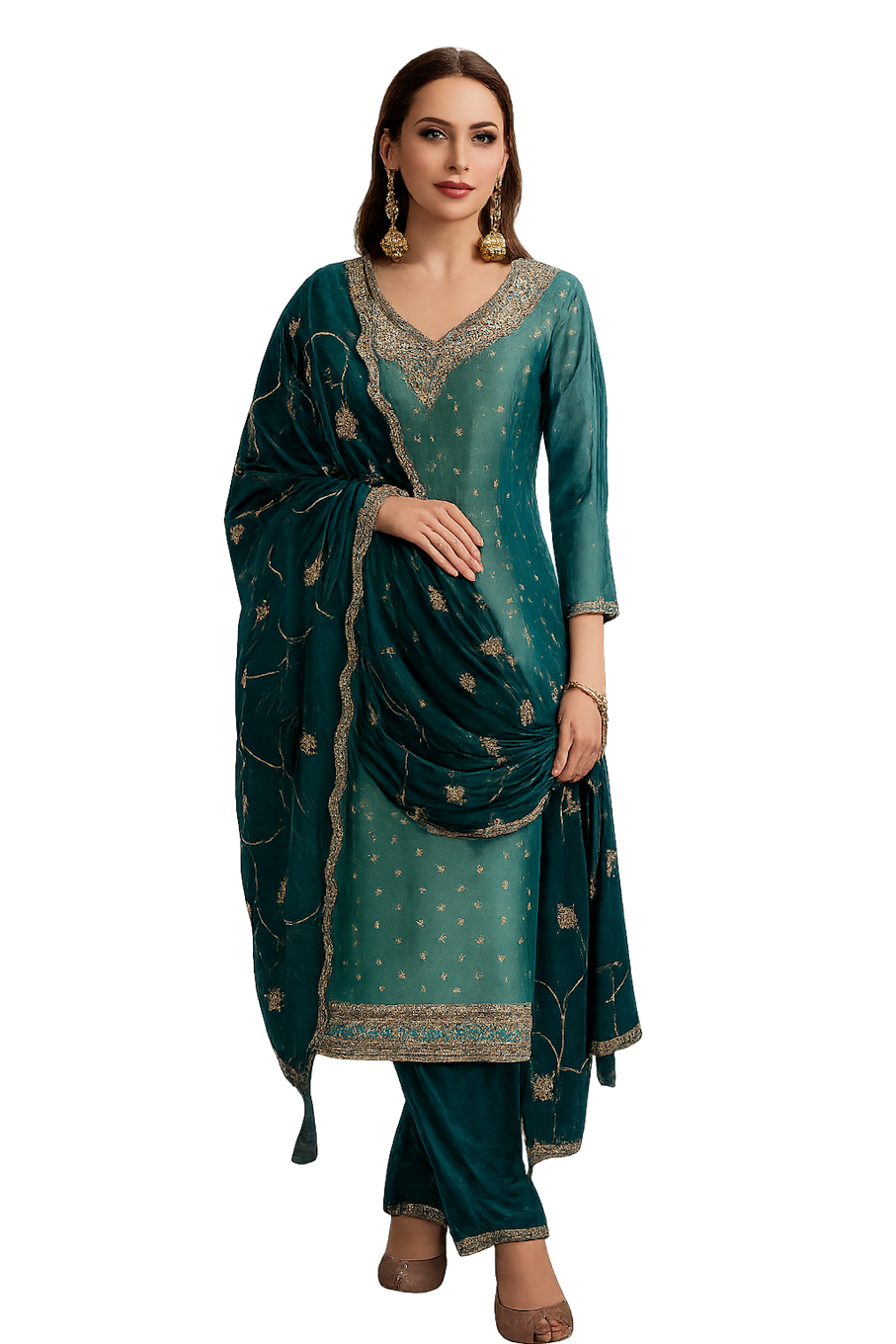 Women Embroidery Kurta Set-Teal (Size-M) | D35