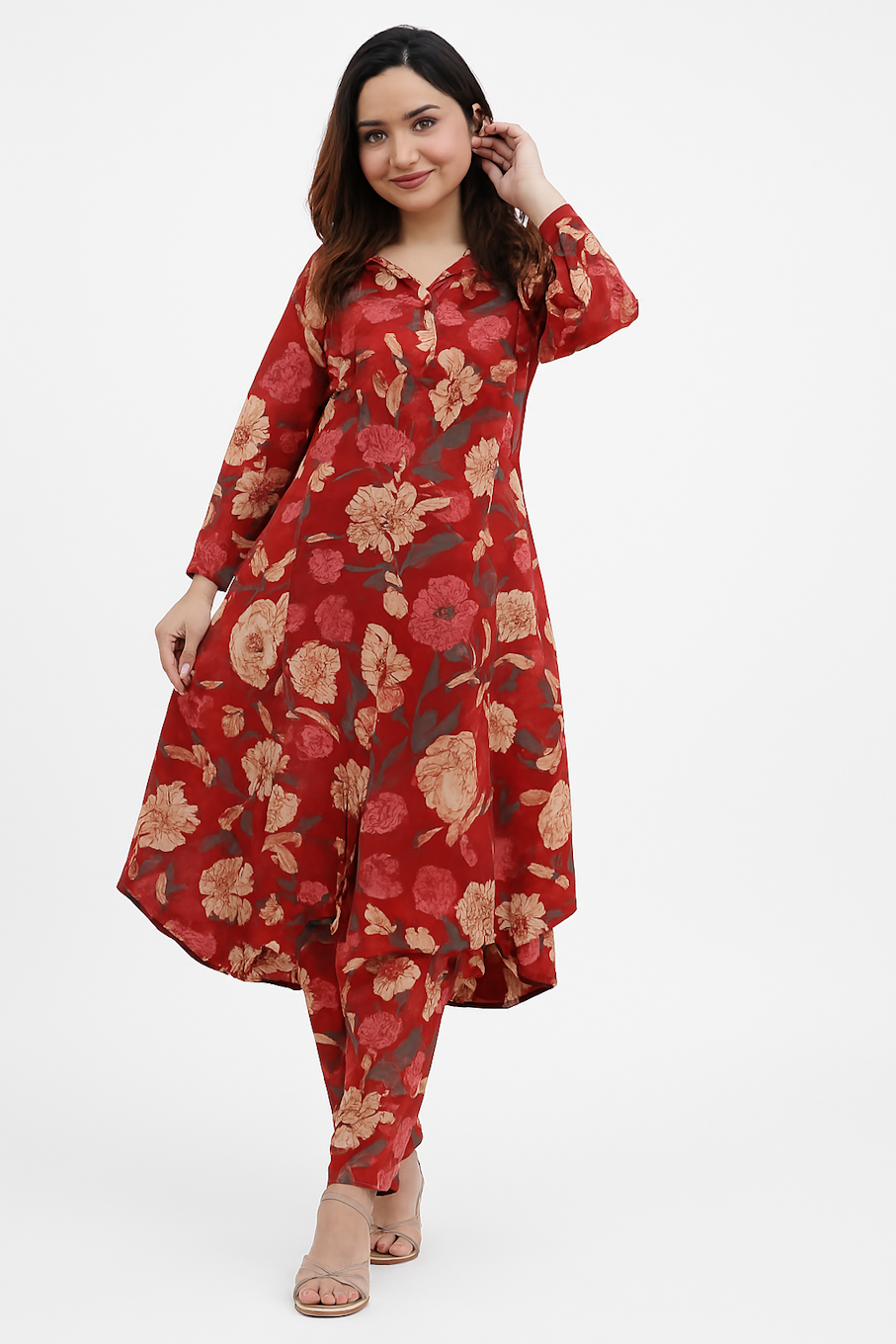 Elegant Floral Printed Kurta Set for Women-Maroon (Size-XL)