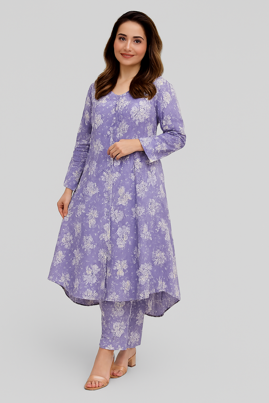 Elegant Floral Printed Kurta Set for Women-Purple (Size-L)