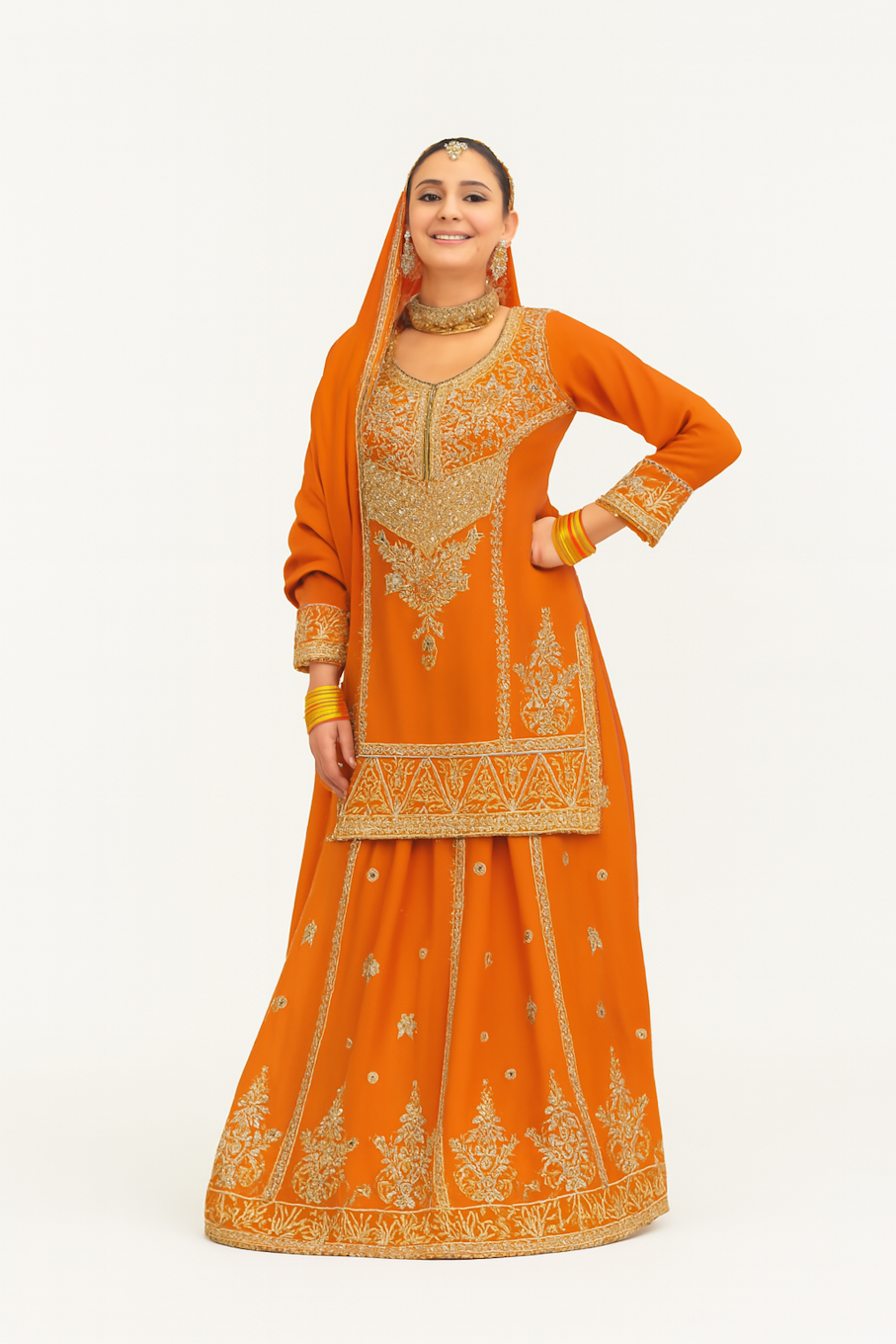 Women Embroidery Kurta Set-Orange (Size-XL) | D22