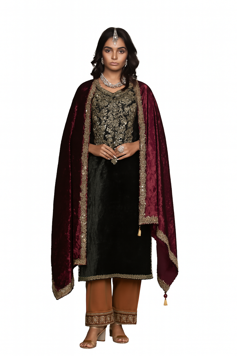 Women Embroidery Kurta Set-Mehendi (Size-XXS) | D98