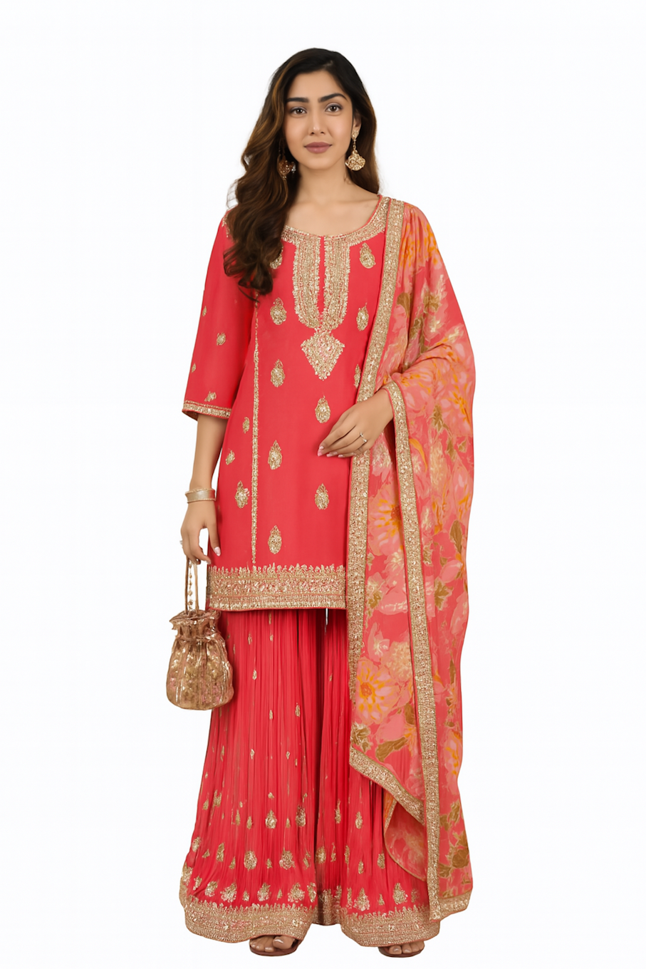 Women Embroidery Kurta Set-Carrot (Size-XL) | D81