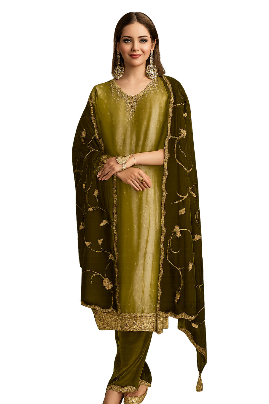 Women Embroidery Kurta Set-Mehendi (Size-3XL) | D42