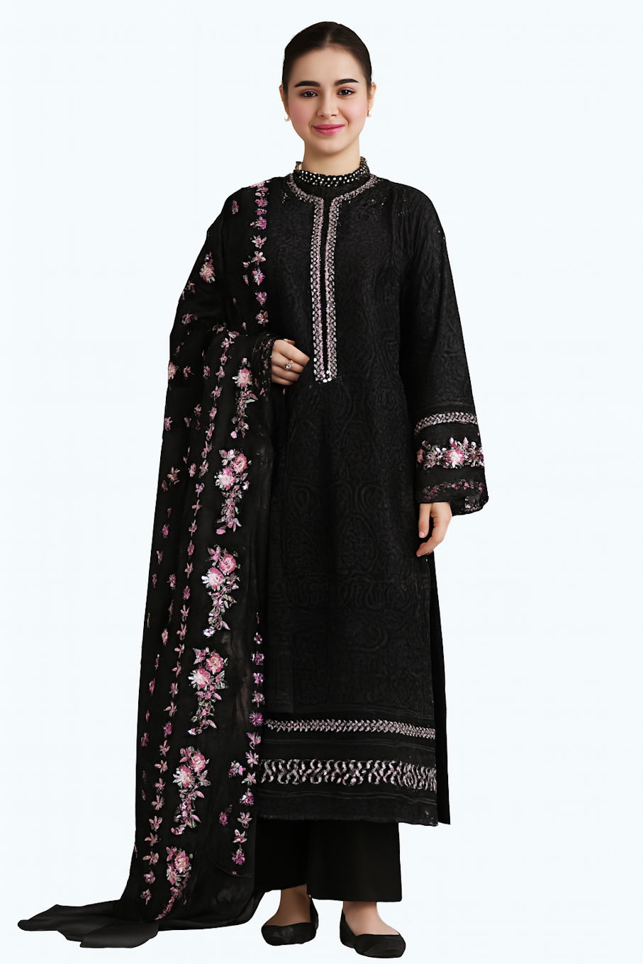Women Embroidery Kurta Set-Black (Size-3XL) | D06