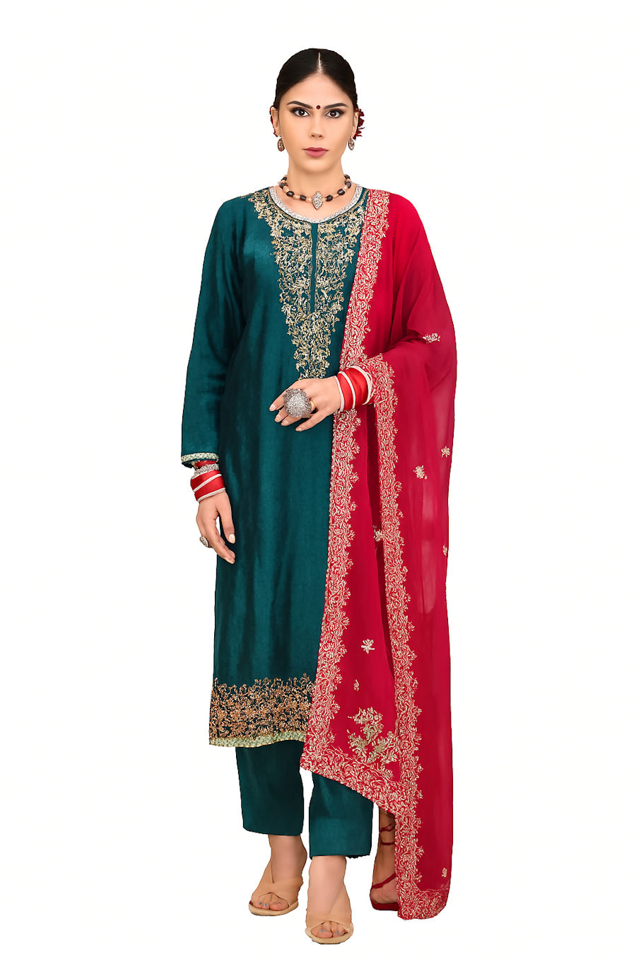 Women Embroidery Kurta Set-Teal & Pink (Size-XL) | D68