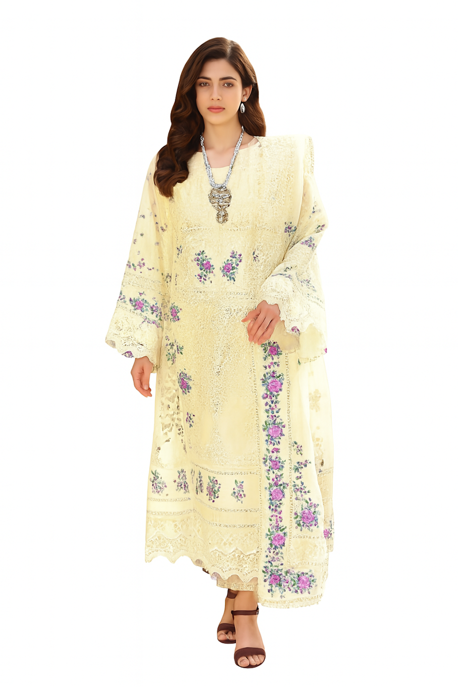 Women Embroidery Kurta Set-Light Yellow (Size-XL) | D130