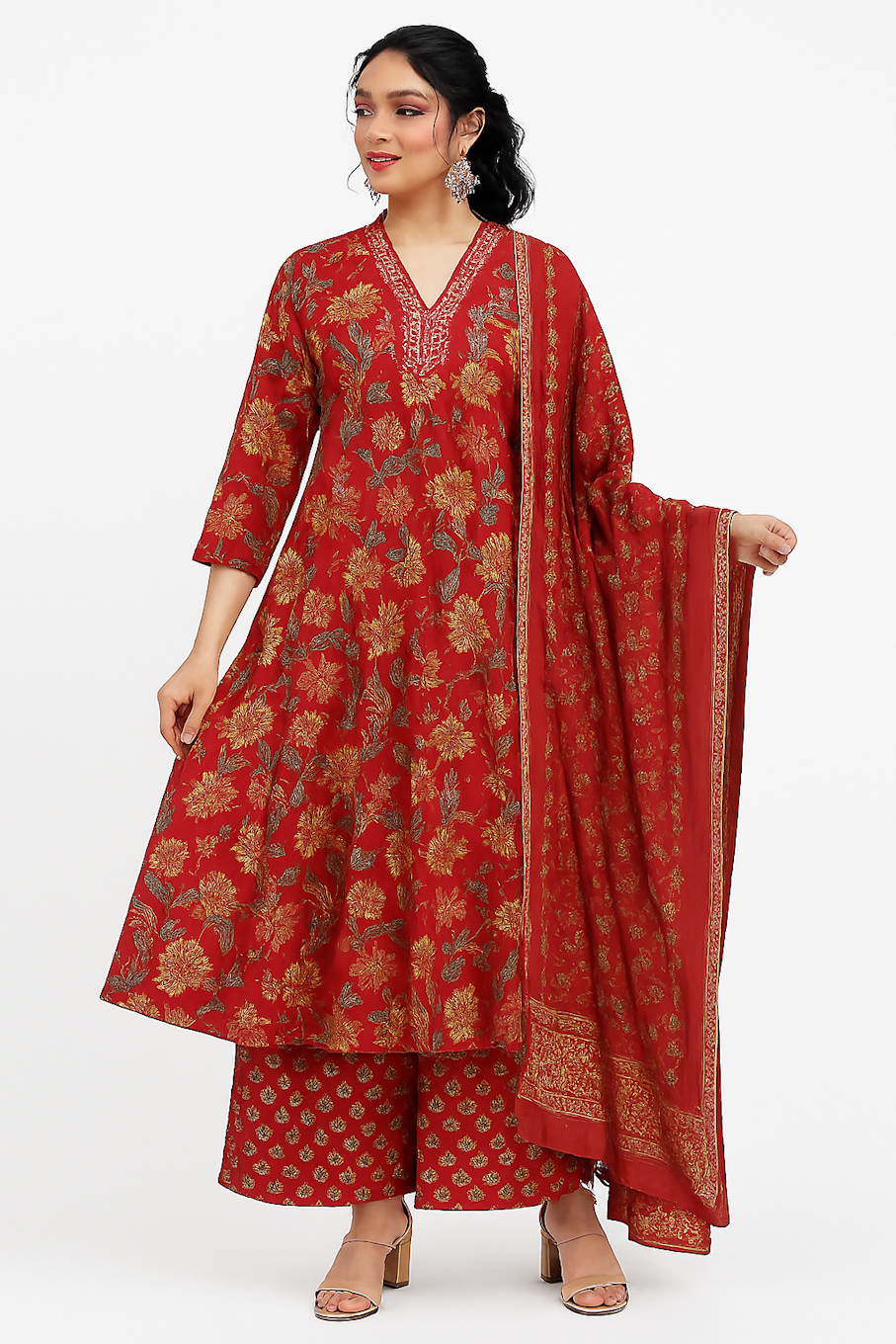 Elegant Floral Suit Set with Dupatta for Women-Maroon (Size-L)