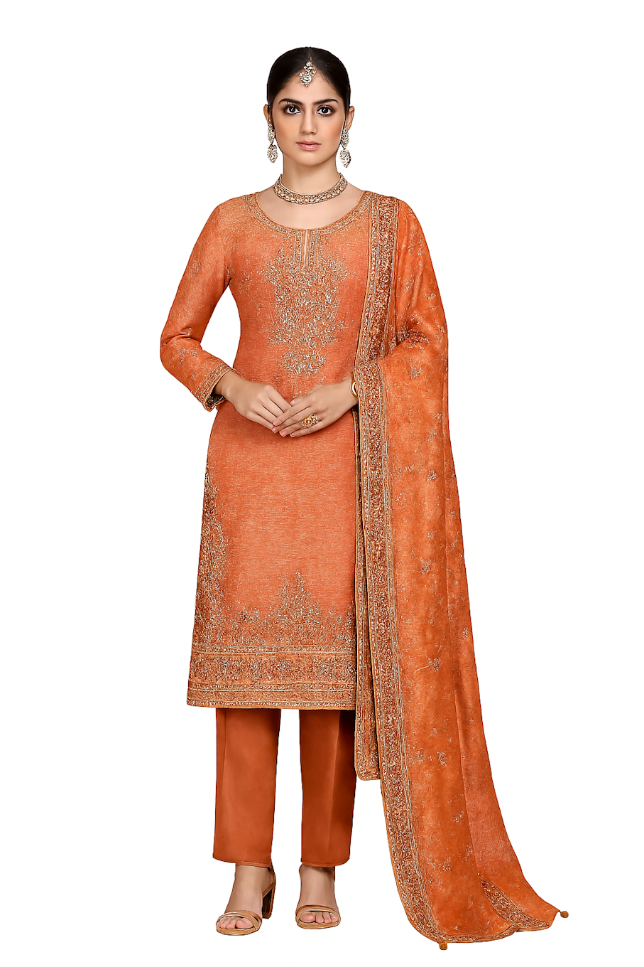 Women Embroidery Kurta Set-Orange (Size-4XL) | D117
