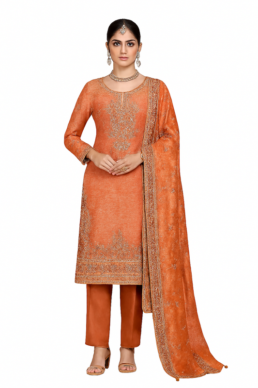 Women Embroidery Kurta Set-Orange (Size-4XL) | D117