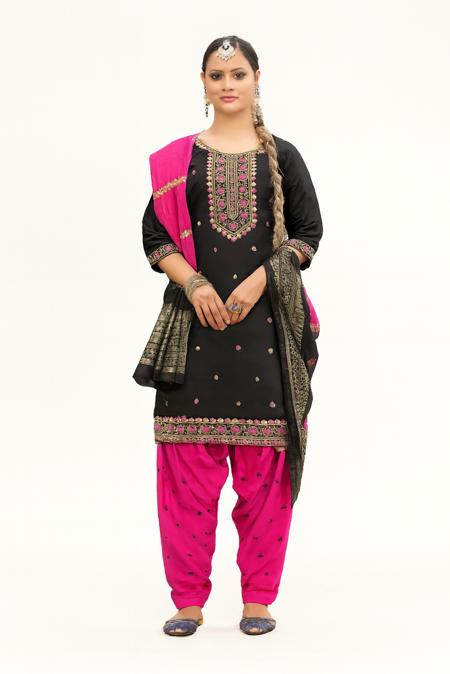 Women Embroidery Kurta Set-Black &pink (Size-3XL) | D32