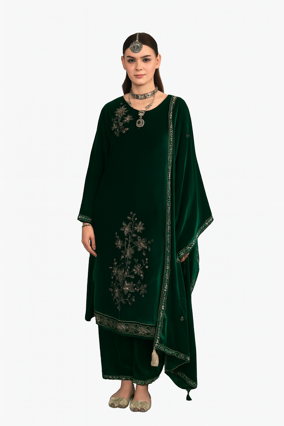 Women Embroidery Kurta Set-Dark Green (Size-2XL) | D143