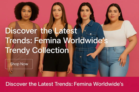 Four diverse women confidently model stylish outfits from Femina Worldwide’s Trendy Collection against a vibrant pink background. Bold white text and a “Shop Now” button highlight the latest fashion trends.