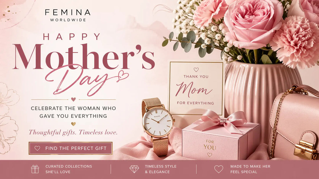 Elegant Mother’s Day banner featuring pink roses, gift box, watch, and handbag with “Happy Mother’s Day” message by Femina Worldwide, promoting thoughtful and timeless gifts for moms.