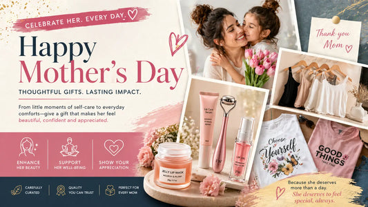 Mother’s Day promotional banner featuring a happy mother and child sharing a moment, alongside beauty self-care products like lip serum, lip oil, and a facial roller, with stylish camisoles and graphic t-shirts