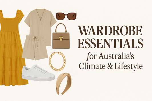wardrobe essentials Australia, capsule wardrobe, breathable summer dresses, co-ord sets Australia, two-piece outfits, lightweight outerwear, Australian lifestyle fashion, versatile fashion staples, trendy accessories,