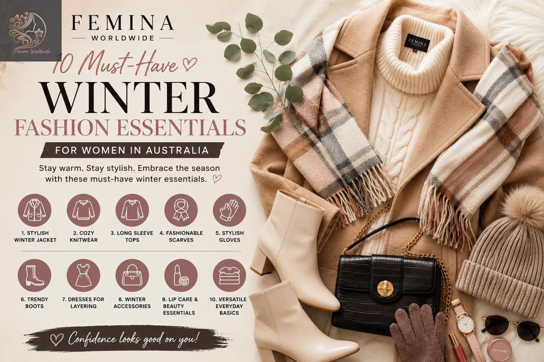 Winter fashion essentials for women in Australia featuring a stylish beige coat, cozy knit sweater, scarf, boots, handbag, gloves, beanie, sunglasses, watch, and beauty accessories by Femina Worldwide.