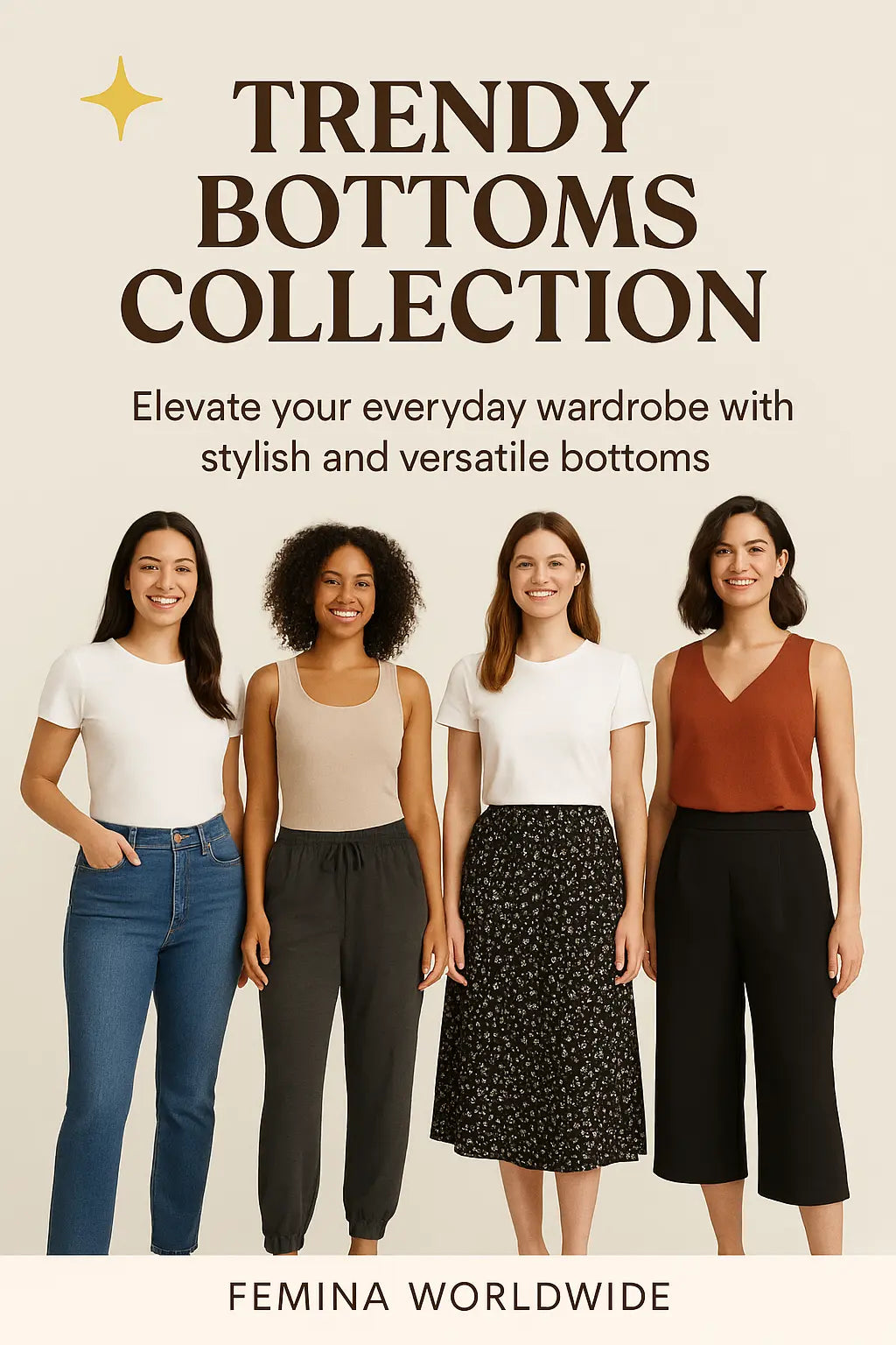 Four diverse women wearing stylish bottoms from Femina Worldwide’s Trendy Bottoms Collection, standing confidently against a neutral background.