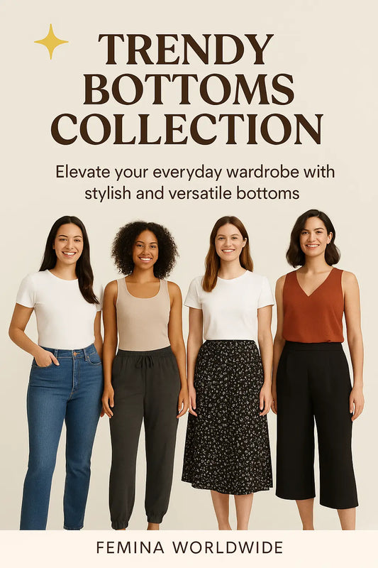 Four diverse women wearing stylish bottoms from Femina Worldwide’s Trendy Bottoms Collection, standing confidently against a neutral background.