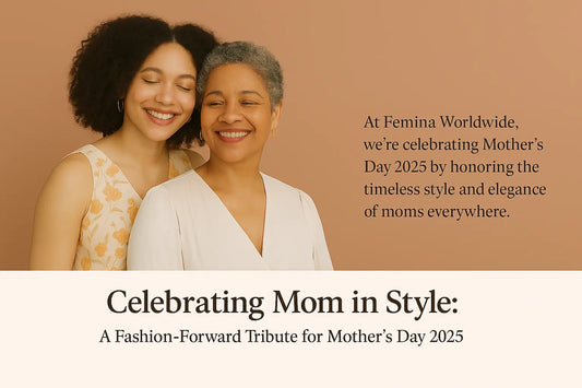 Mother and daughter smiling warmly against a terracotta background. Text celebrates Mother’s Day 2025 with a stylish tribute by Femina Worldwide.