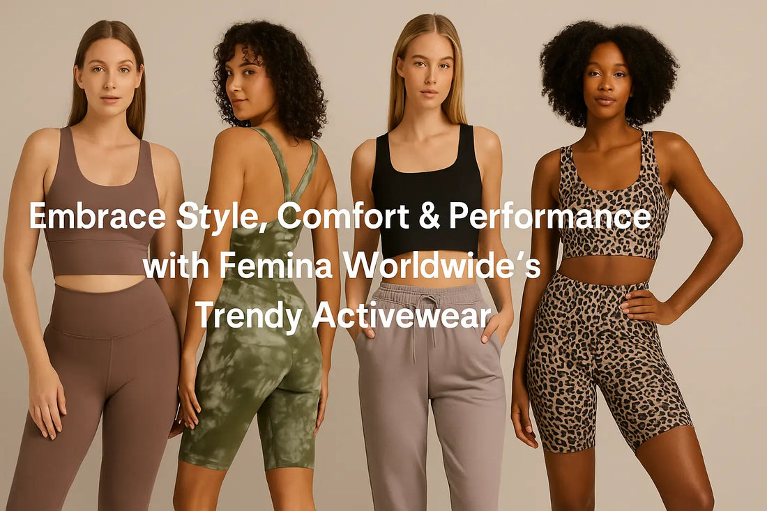 Four diverse women modeling Femina Worldwide’s Trendy Activewear, including leggings, crop tops, and a tie-dye jumpsuit, standing confidently against a neutral background with text overlay reading