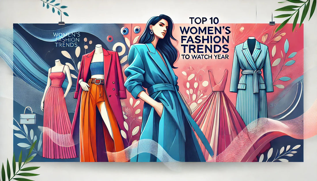 Banner for 'Top 10 Women’s Fashion Trends to Watch This Year,' featuring vibrant colors, oversized blazers, and flowy maxi dresses. A chic design with fabric textures and fashion sketches highlights elegance and trendiness.