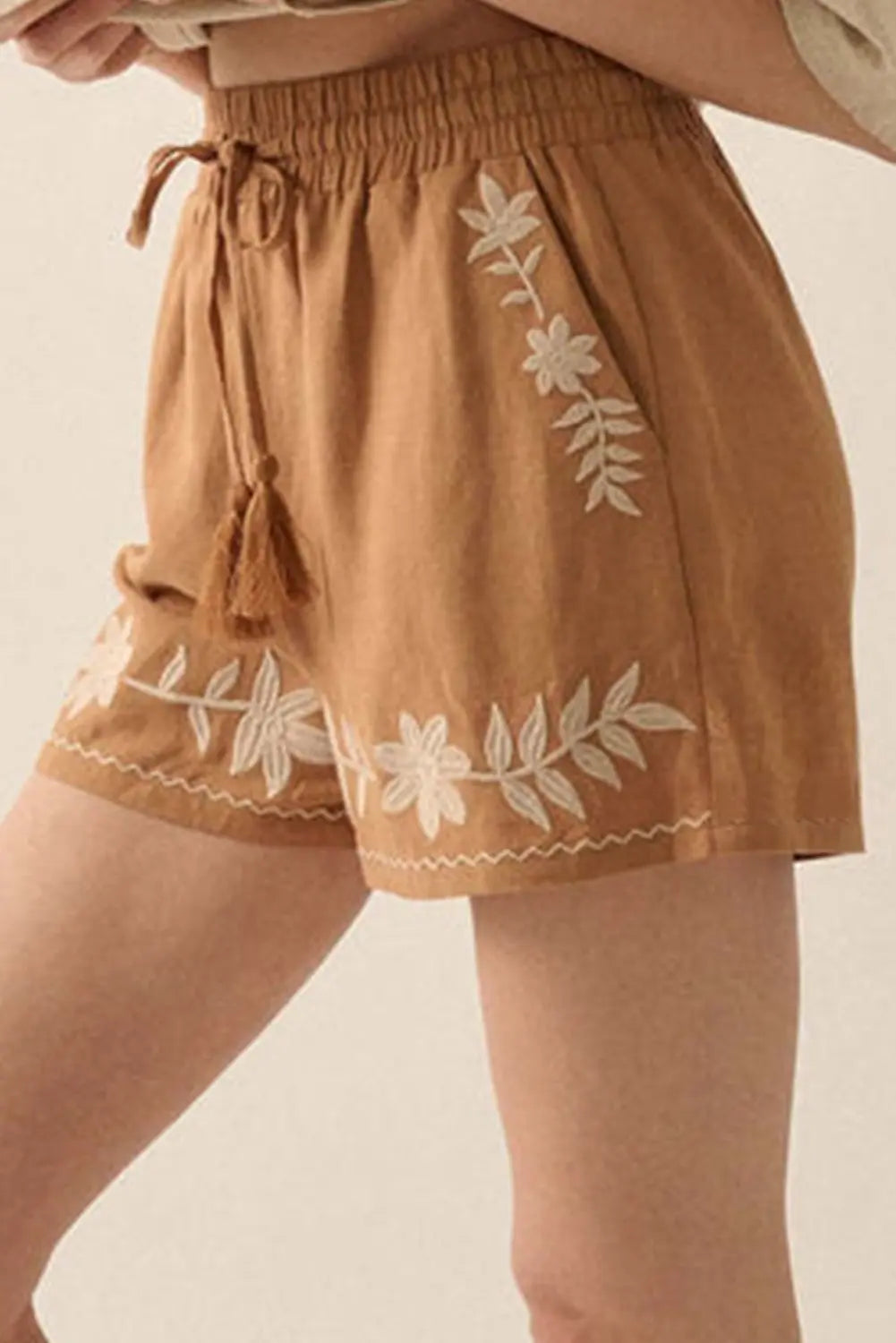 Khaki Embroidered Boho Tasseled Drawstring Elastic Waistband Casual shorts Dear-Lover Dropshipping