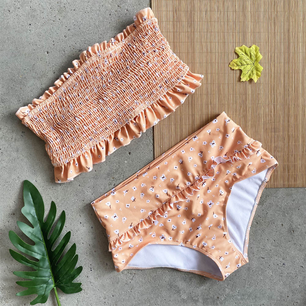 New wrinkled bikini tube top swimsuit sexy high waist split swimsuit