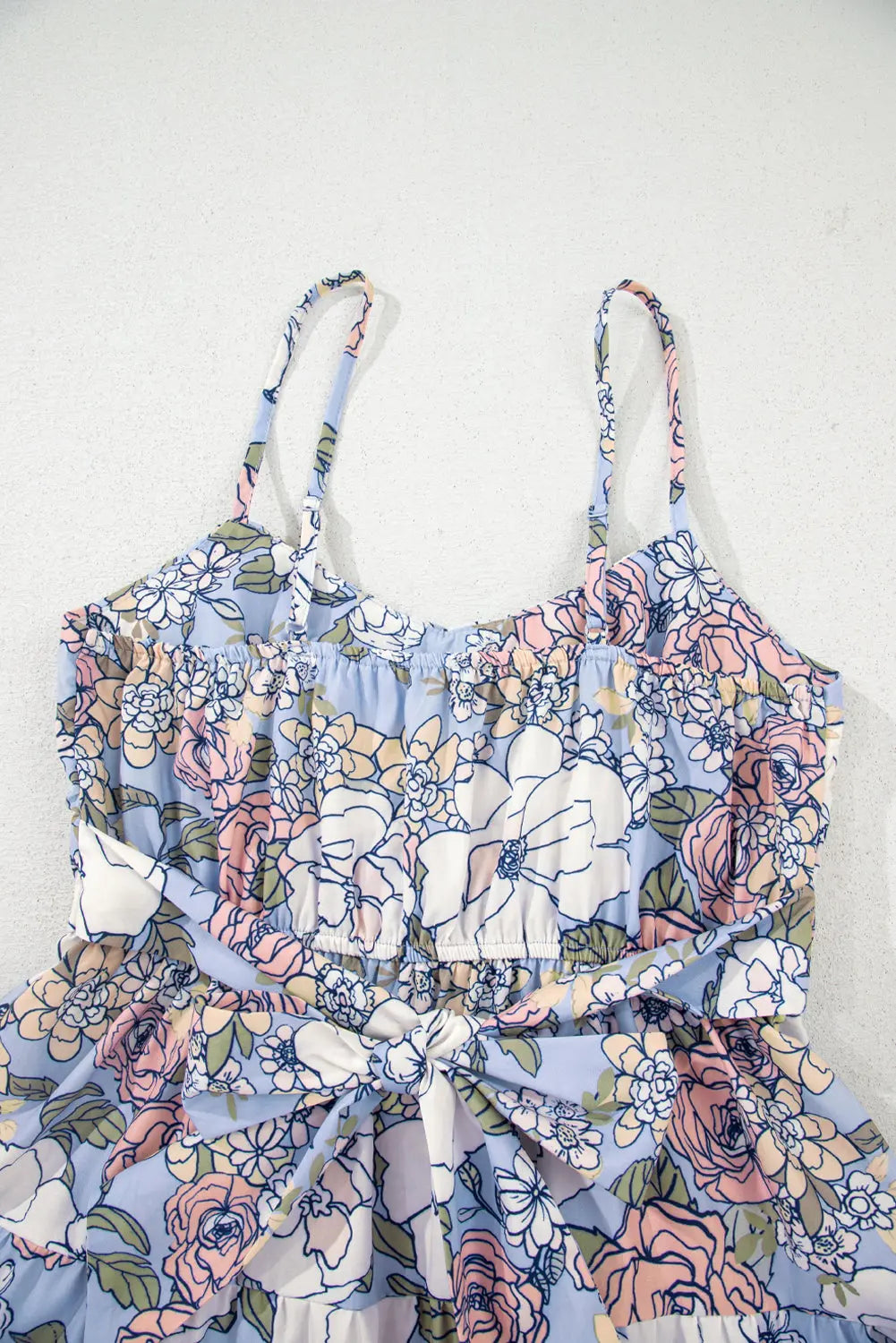 Sky Blue Floral Tiered Patchwork Spaghetti Strap Vacation Dress Dear-Lover Dropshipping