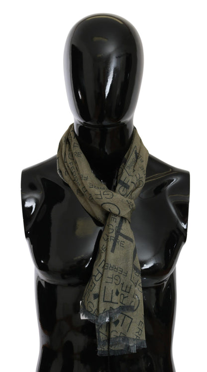 GF Ferre Green Wool Viscose Foulard Patterned Branded Scarf