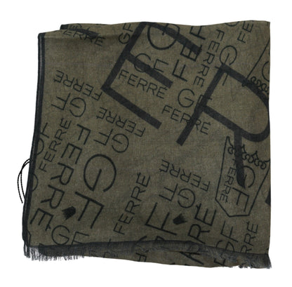 GF Ferre Green Wool Viscose Foulard Patterned Branded Scarf