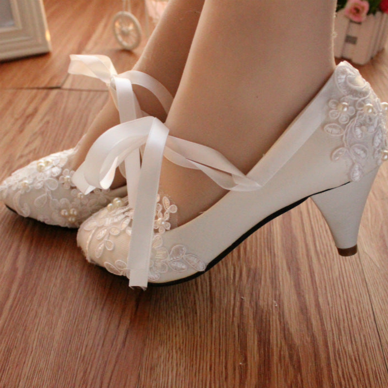 White flat lace wedding bridal shoes