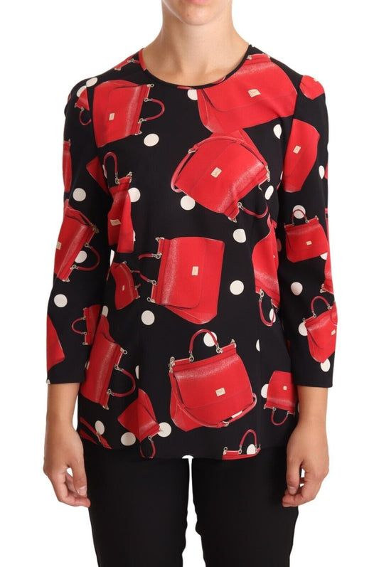 Dolce & Gabbana Black Sicily Bag Print Silk Stretch Top Blouse