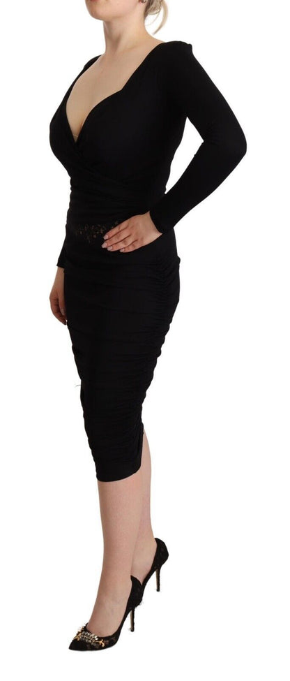 GF Ferre Black Long Sleeves Sweetheart Neck Midi Dress