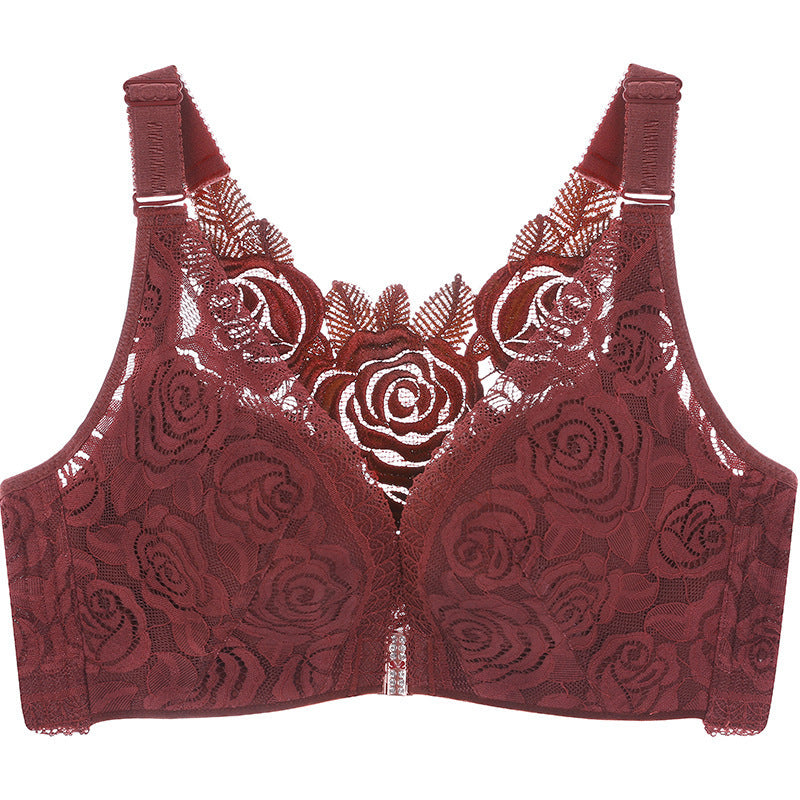 Summer New Rose Thin Bras Gathering Adjustable Underwear Big Chest Front Buckle Beautiful Back Big Size Bra