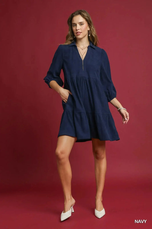 Umgee Tiered Corduroy Mini Dress with Balloon Sleeves Crimson Medea