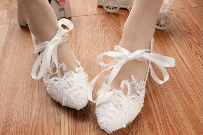 White flat lace wedding bridal shoes